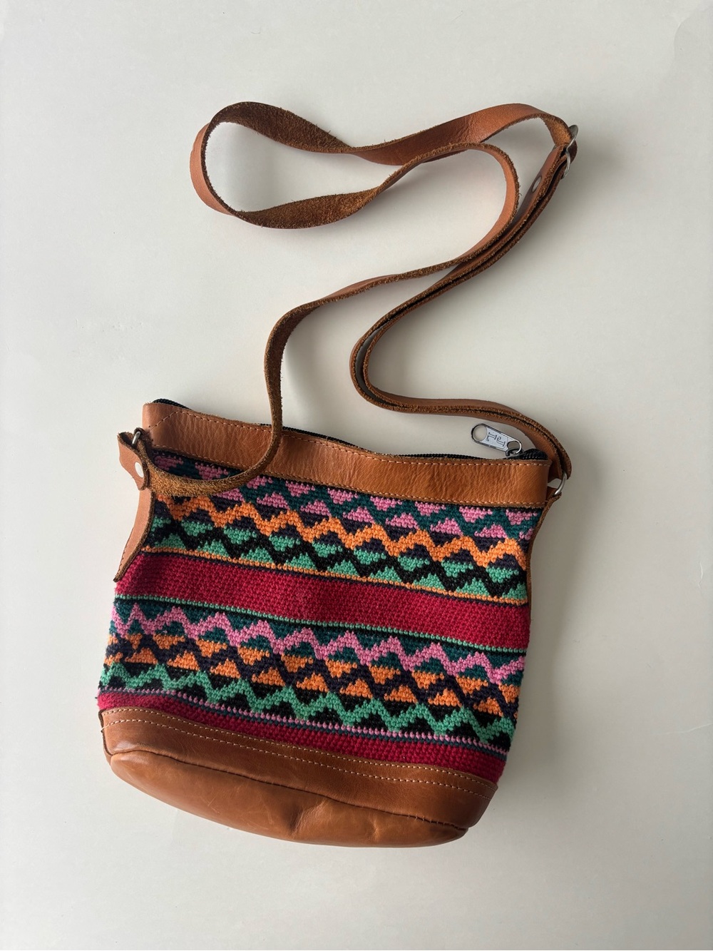 Boho Woven Crossbody Bag with Brown Leather Trim